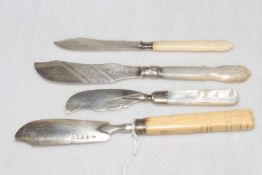 Four silver butter knives with bone and mother of pearl handles.