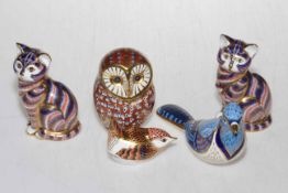 Five Crown Derby paperweights including Cats, Owl and Birds.