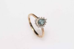 9 carat gold, diamond and blue stone ring, size O.