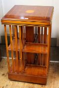 Yew and satinwood inlaid two tier revolving bookcase, 79.5cm by 47cm by 47cm.