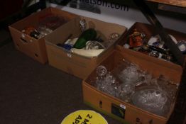 Four boxes of glass, decorative porcelain, vintage telephone, etc.