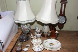 Victorian porcelain, table lamps, metalwares, barometer, etc.