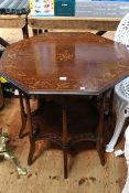 Victorian mahogany and floral inlaid octagonal eight leg centre table with fretwork galleried