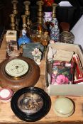 Pratts pot lid, three pairs of brass candlesticks, metalwares, etc.