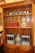 Phrenology head, wooden crates, sign, etc.