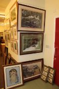 Alan Hunt, three wildlife prints, framed tapestry and pair framed ornithological prints (6).