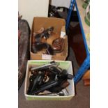 Two boxes of air soft pistols, holsters, replica pistols, etc.