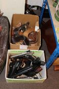 Two boxes of air soft pistols, holsters, replica pistols, etc.