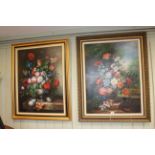 Two large floral oils on canvas, 100cm by 74.5cm, in gilt frames.