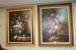 Two large floral oils on canvas, 100cm by 74.5cm, in gilt frames.