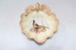 Locke Worcester shell shaped dish, painted with pheasant by W. Stinton, 17.5cm across.