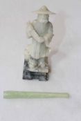 Chinese soapstone fisherman 18cm, and Jade cheroot holder (2).