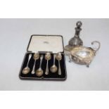 Cased set of six silver coffee spoons, Sheffield 1933, silver sauce boat, London 1936,