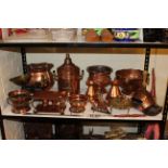Collection of brass and copper wares including planters, trivet, scales, two handled bowl, etc.