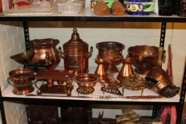 Collection of brass and copper wares including planters, trivet, scales, two handled bowl, etc.