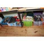 Six boxes with model railway, toys, etc.