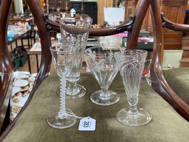 Antique cotton twist stem wine glass, wrythen ale glass and two others (4).