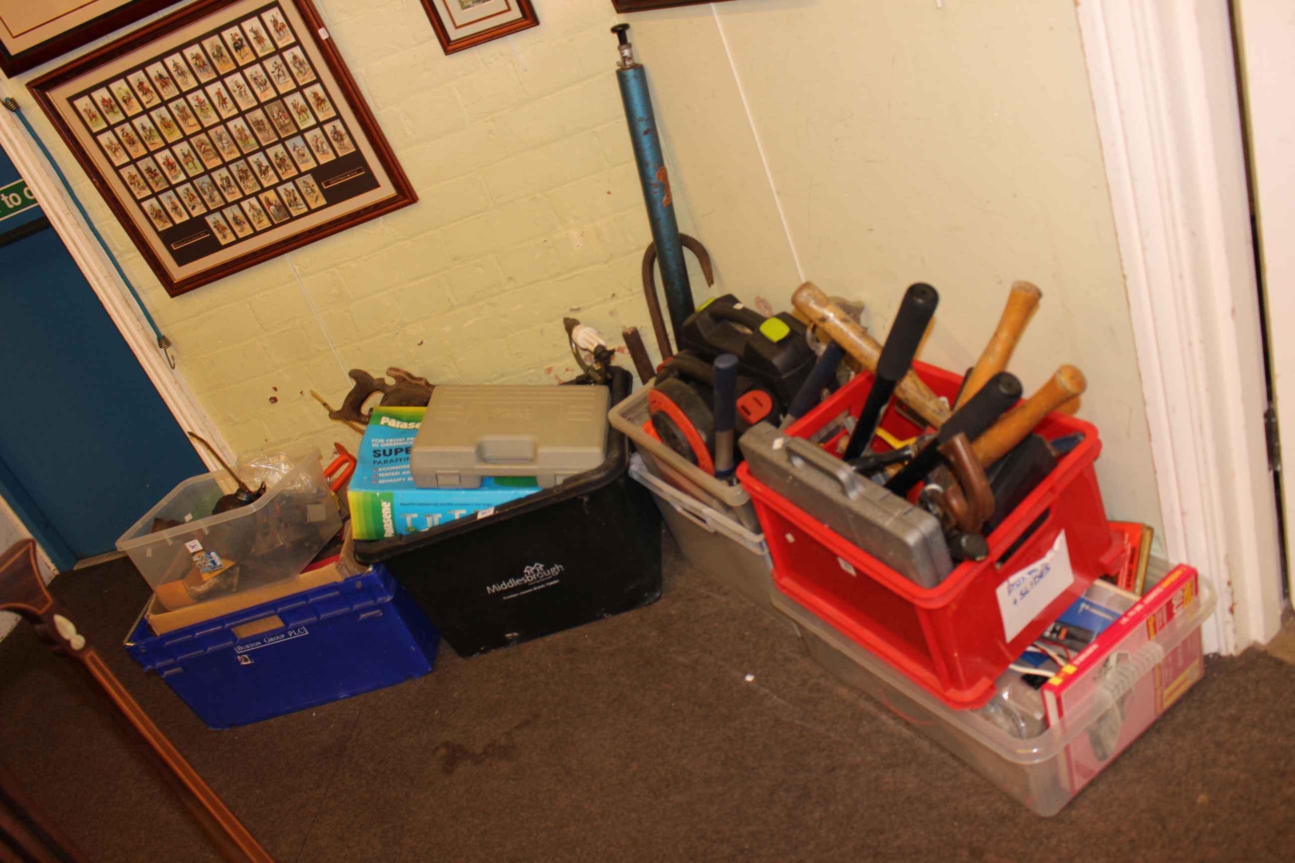 Seven boxes of various power and hand tools, fixings etc and five pairs of steps.