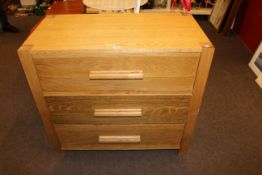 Oak three drawer chest, 81.5cm by 90.5cm by 47cm.