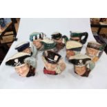 Collection of ten Royal Doulton character jugs including Dick Turpin and Robinson Crusoe.