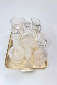 Large crystal basket, antique glass decanters, jug, etched vase and goblets.