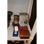 Halcyon Days enamel trinket box, carriage clock, Union Jack flag, travelling chess, Wedgwood etc.