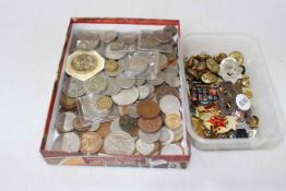 Two small boxes with coins, medallions and cap badges.