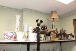 Collection of metal humorous animal models, brass table lamps and jardinieres.