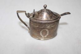 George III silver oval mustard pot by John Emes, London 1800, having bright cut decoration,