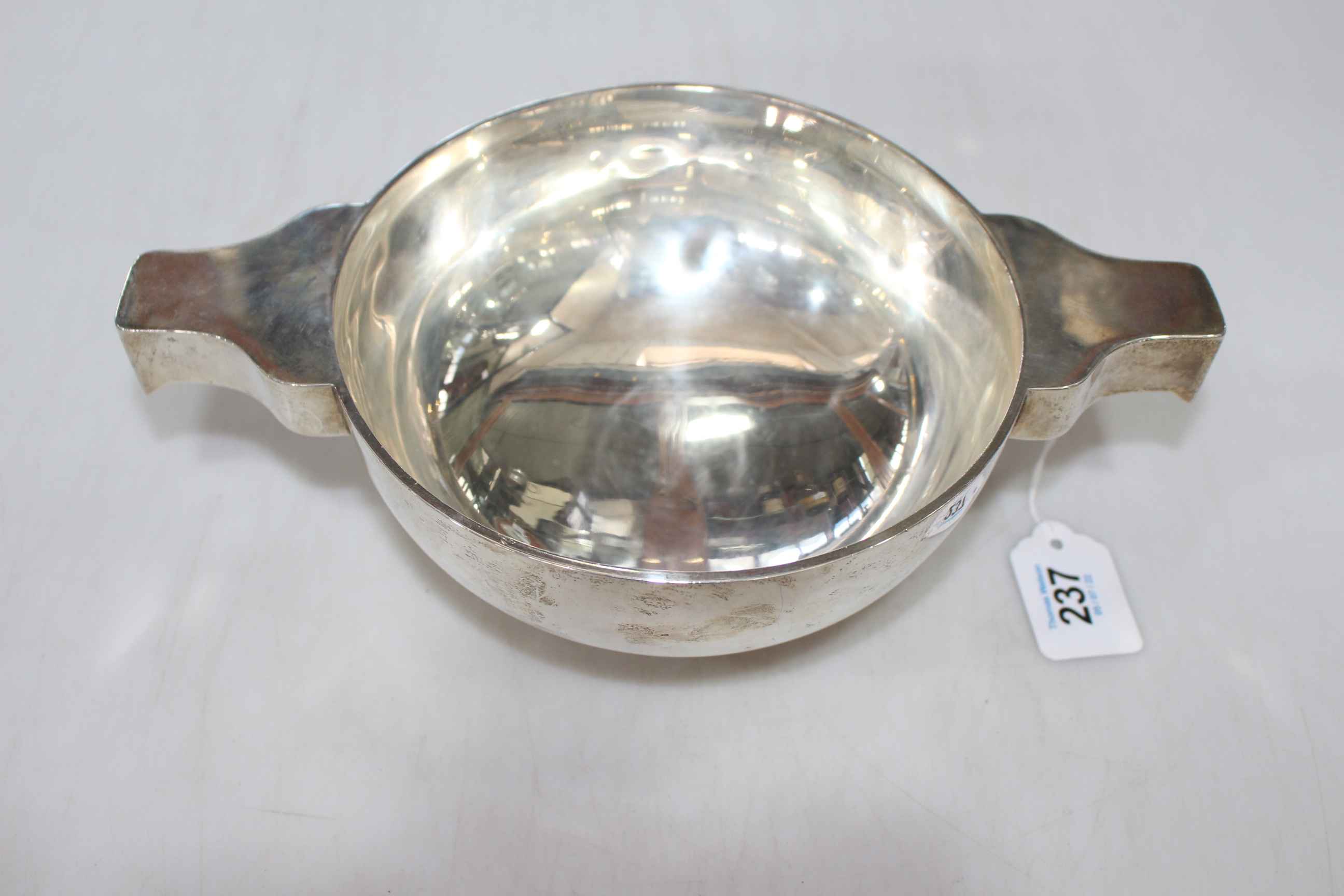 Scottish silver large quaish bowl by Wilson and Sharp, Edinburgh 1923, 29cm across.