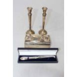 Pair silver loaded candlesticks, Birmingham 1967, 20cm, silver cigarette box, decanter labels,