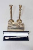 Pair silver loaded candlesticks, Birmingham 1967, 20cm, silver cigarette box, decanter labels,