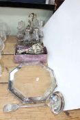 Seven bottle cruet set with three silver collared bottles, EPNS belt, ladle, etc.