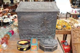 Log bin, boxes of buttons, gilt picture frame ad vintage fire extinguisher.