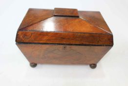 19th Century sarcophagus tea caddy on brass ball feet, 32cm wide.