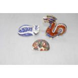 Three Royal Crown Derby paperweights, Catnap Kitten, Dragon and Fox.