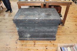 Large painted pine trunk/tool box, 63cm by 91cm by 57cm.
