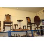 Georgian mahogany circular snap top supper table, pair Victorian oak bergere panel back hall chairs,