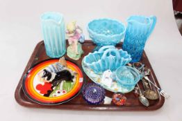 Royal Worcester March figure, Wedgwood Bizarre plate, Davidsons Pearline glass, Beswick dogs, etc.