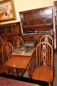 Old Charm oak dresser, drop leaf dining table, six wheelback dining chairs and lamp table (9).