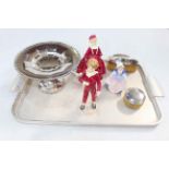 Two Royal Worcester figures, Royal Doulton Dinky Do, two silver backed brushes and EP tazza (6).