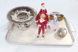 Two Royal Worcester figures, Royal Doulton Dinky Do, two silver backed brushes and EP tazza (6).