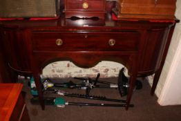 19th Century inlaid mahogany breakfront sideboard on six square tapering legs,