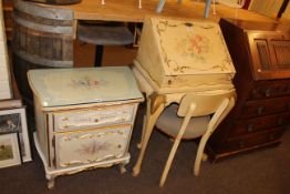 Continental floral painted ladies writing desk and chair and Continental floral painted pedestal