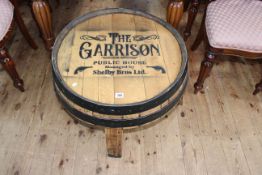 Low barrel bar table 'The Garrison Public House', 46cm by 62cm diameter.