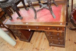 Victorian mahogany nine drawer pedestal desk, 70cm by 123cm by 60cm.