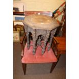 Edwardian mahogany and line inlaid occasional armchair and octagonal Eastern carved occasional