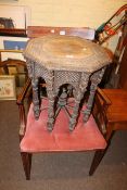 Edwardian mahogany and line inlaid occasional armchair and octagonal Eastern carved occasional