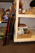 Walking canes, golf clubs, box of castors, brass hardware, etc.