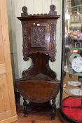 Victorian carved oak corner combination cabinet-drop leaf table, 176cm.